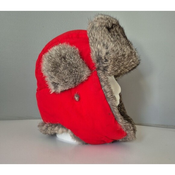 Mab Bomber Red Rabbit Fur Trim Ear Flap Warm Winter Trapper Hat Unisex XL - Picture 8 of 12